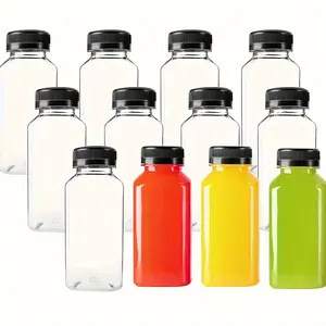 12 Pack Reusable Plastic Juice Bottles with Lids Clear Containers for Juice Smoothies Tea Coffee Travel Leakproof Food Grade BPA Free