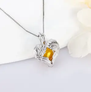 Genuine 925 Sterling Silver Exquisite Angel Wings Pearl Cage Pendant Necklace
