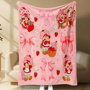 Ultra-Soft Flannel Strawberry & Girl Cartoon Blanket, Cozy Decorative Throw for Bedroom & Sofa, Perfect Gift for Family & Friends for Halloween & Christmas