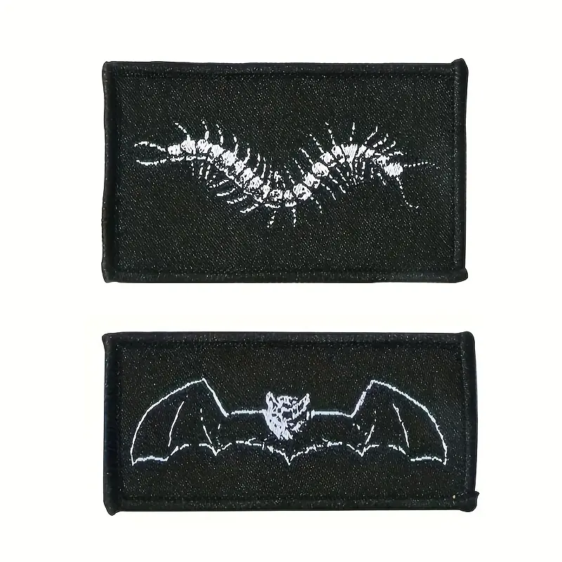 2-Piece Gothic Punk Embroidered Rectangle Patches Set - White Centipede & Bat Designs, Embroidered Appliques, Patches for Jackets, Alt Fashion DIY Accessory for Punk Rebellious Look, Fits Hats & Backpacks