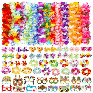 80PCS Hawaiian Leis Party Favors Set – Luau Party Decorations with Tropical Flower Leis, Glasses, Bracelets & Headbands for Summer Beach Birthday Parties