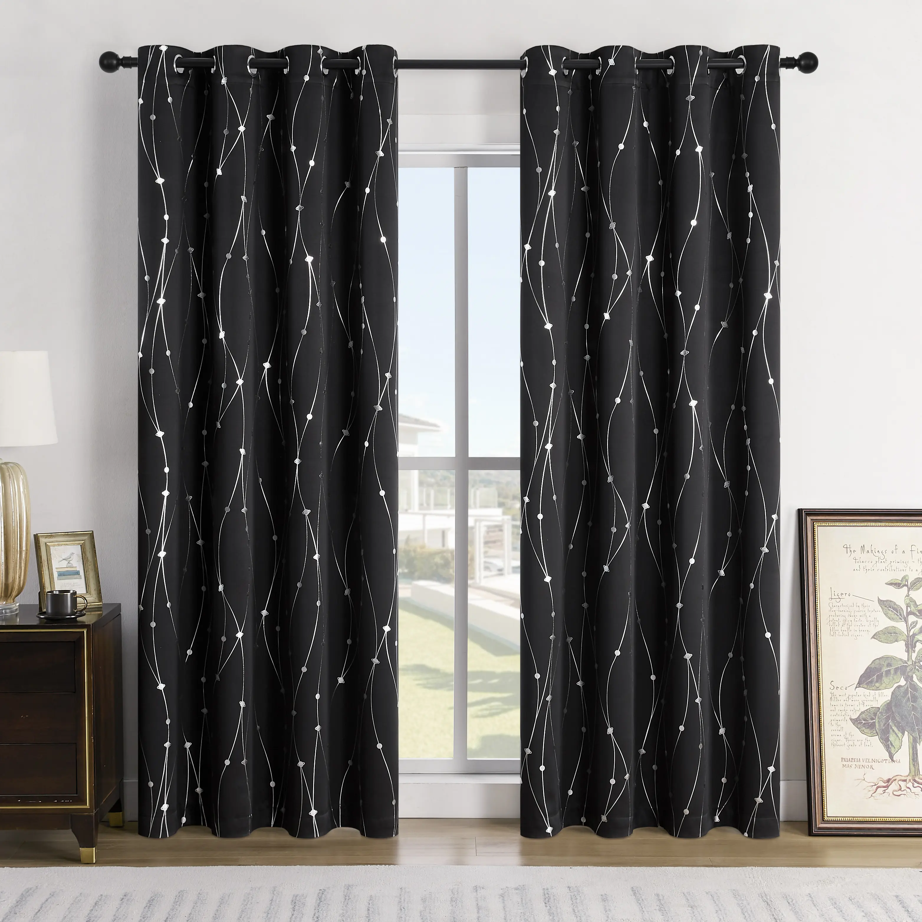International 2-Pack Durable Planet Gold Foil Double-Sided Grommet Curtains (3m) - Thermal Noise-Reducing Window Drapes, Geometric Tufted Weave Home Decor for Living Room, Bedroom, Curtain for Windows, 3 Metres