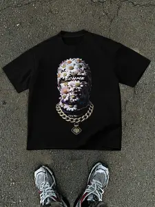 Floral Print T-Shirt, Hip Hop Gold Chain Print, Casual Street Style Daisy Mask Design, Short Sleeve Fitted Tee, Graphic Pattern, Streetwear