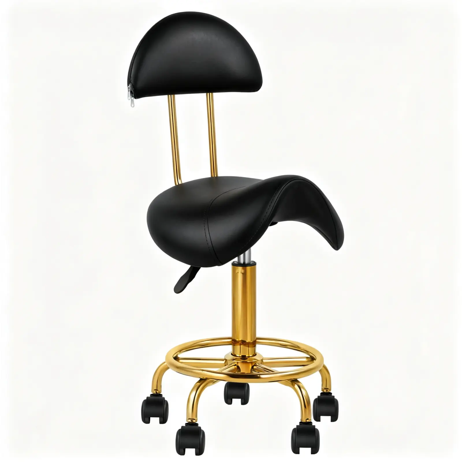 A leather chair that can rotate 360 degrees and has adjustable height, with a design that’s ergonomic.