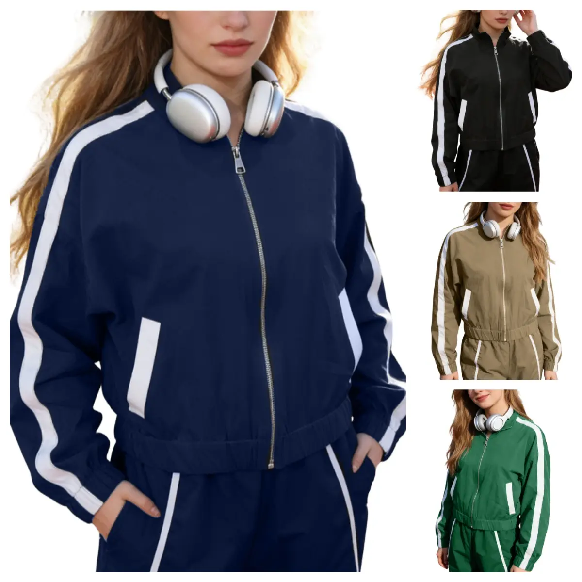 Naeduo Women's Zip Up Sweatshirts Jackets Long Sleeve Casual Bomber Coat Loose Outwear with Pockets Lightweight Springfresh for Hyrox Womenswear Zippers