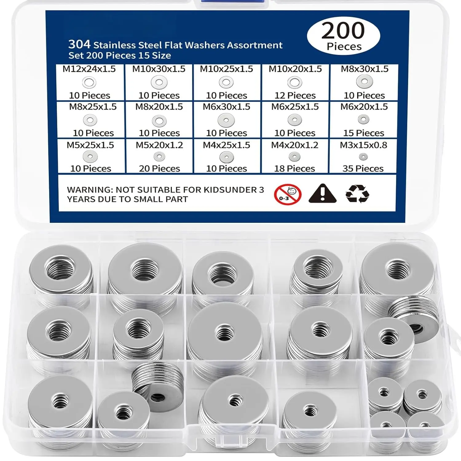 18-8(304) Stainless Steel Flat Washers for Screws and , 200 count Metal Washers Kit (15 Sizes M3-M12),  Large and Small Hardware Washers Set for  and Industrial Use