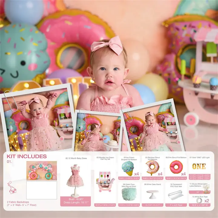 Kate Donut Cake Smash Photo Backdrop Set, Colorful Donuts Themed Birthday Party Bundle with Fabric Backdrops & Camera Photography Props