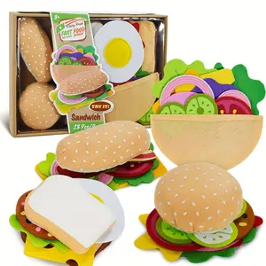 Funny DIY Felt Food Hamburger Sandwich Food Toy Set, Kids Kitchen Role Pretend Play Toy Kit (28 Pieces), Ideal Toys Gifts for Boys and Girls Birthday Christmas, Stuffer Stocking