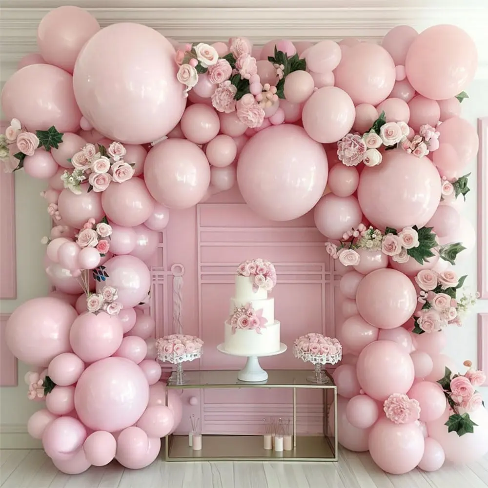 Double Layer Blush Pink Latex Rubber Balloon Garland Arch Set - 18/12/5 in Sizes, Tape, Hand Pump for Baby Shower, Wedding Parties, Event Decor, Various Sizes