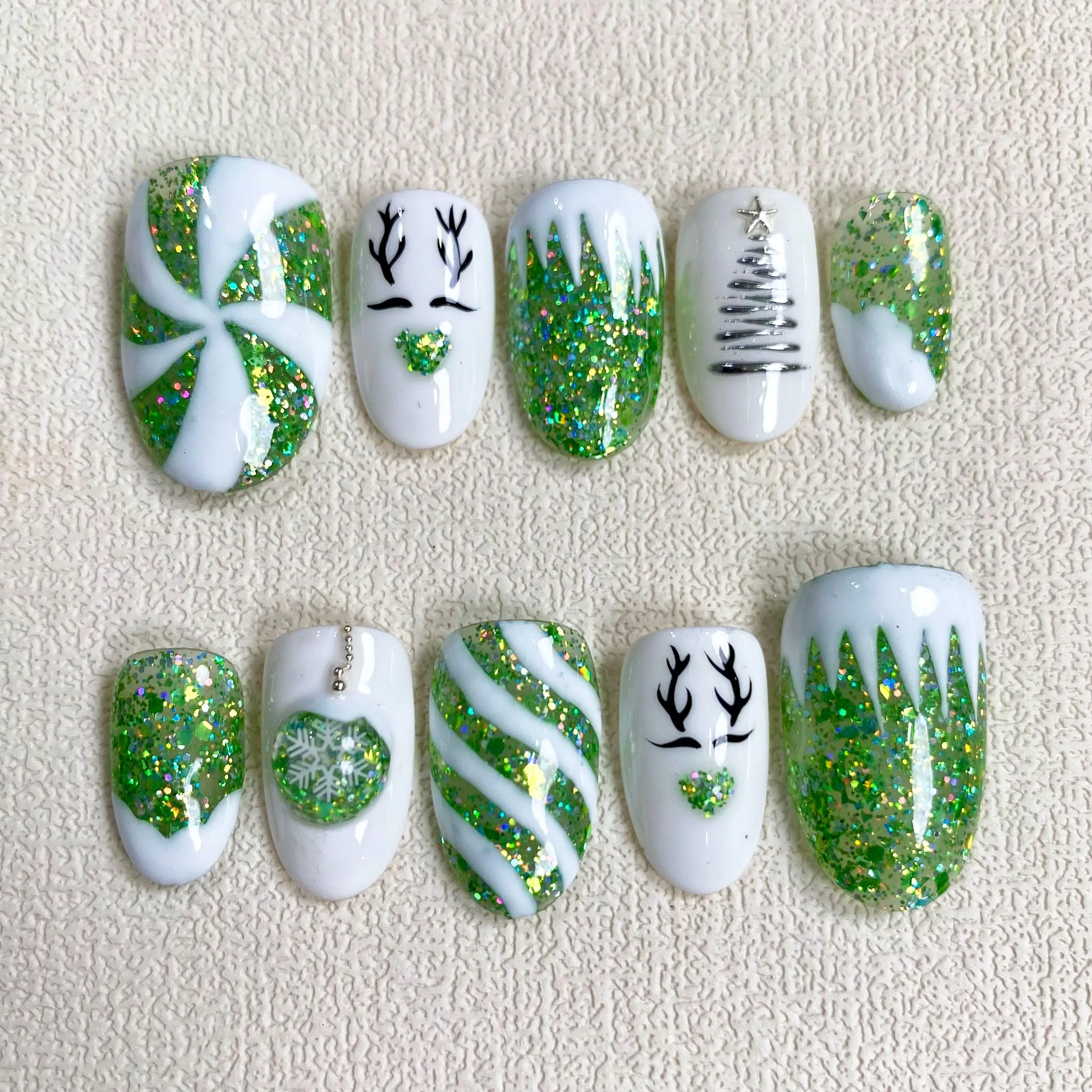 Green Glitter Christmas Nails, Cute Reindeer And Tree Design, Snowflake Holiday Manicure, Festive Sparkly Nail Art