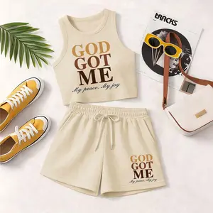 Women's God Got Me Letter Sexy Comfortable Daily Lifeletter-Print Casual Cute Slim-Fit Tank Top And Drawstring Shorts Two-Piece Set, Perfect For Summer Wear, A Must-Have For Back-To-School Season.