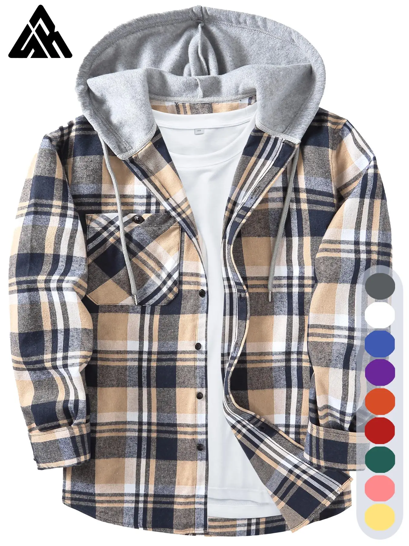 Men's Plaid Print Button Front Drawstring Hooded Shirt, Regular Fit Casual Long Sleeve Pocket Top, Men's Clothes for Daily Wear