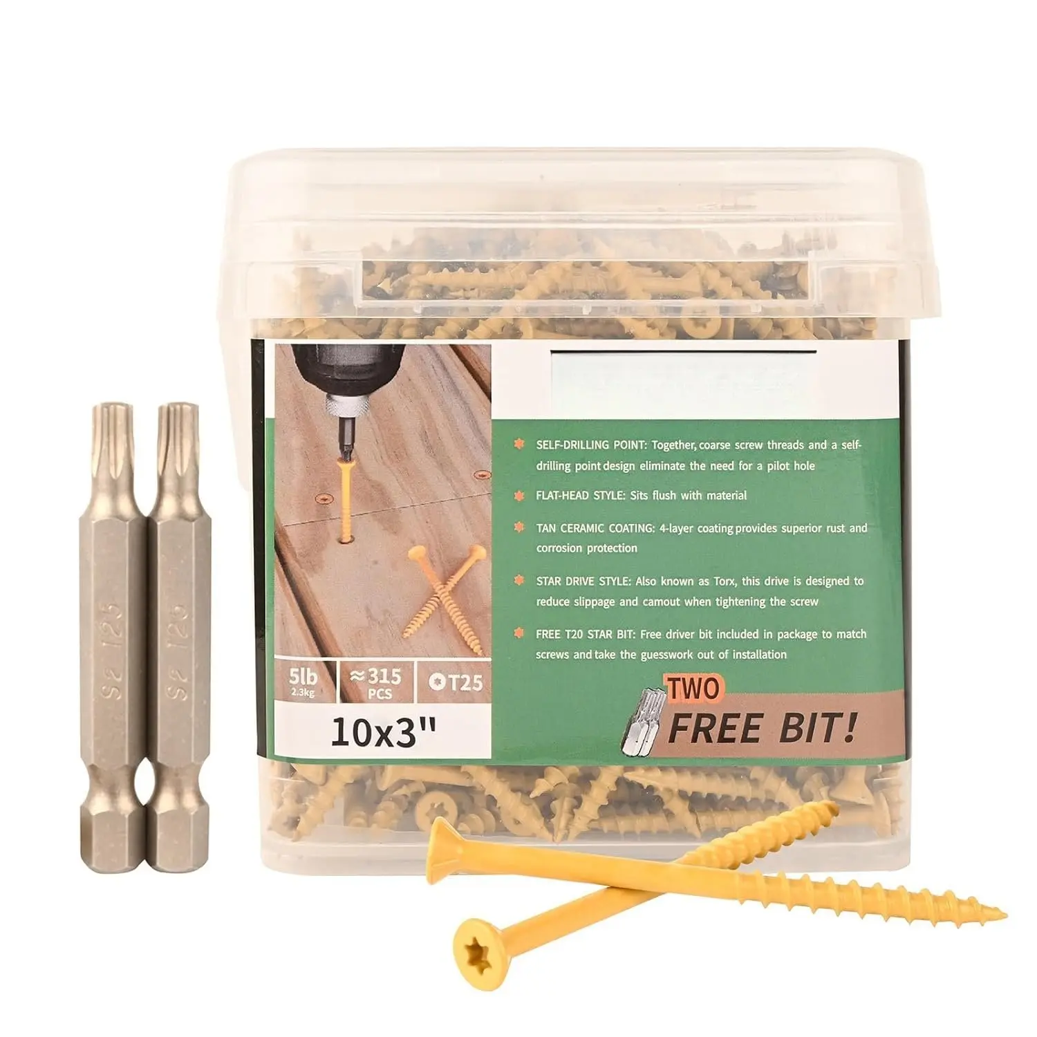 Deck Screws 3 Inch  Screws #10 x 3, 315 count, Rust Resistant Structural Screws Tan Exterior Fence Screws Torx Drive Screw, Two T25 Bits, Brilliant Yellow Ruspert Coating Rust Proof