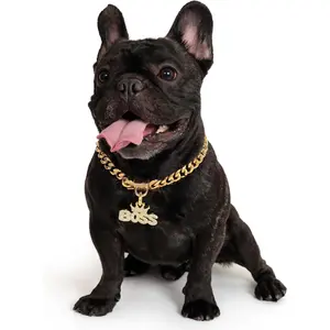 18K Cuban Link Dog Collar, 15MM Gold Dog Chain Collar, Heavy Duty Walking Metal Pet Cuban Collar Jewelry for Small Dogs, 12 inch Adjustable Golden Dog Chain Collar