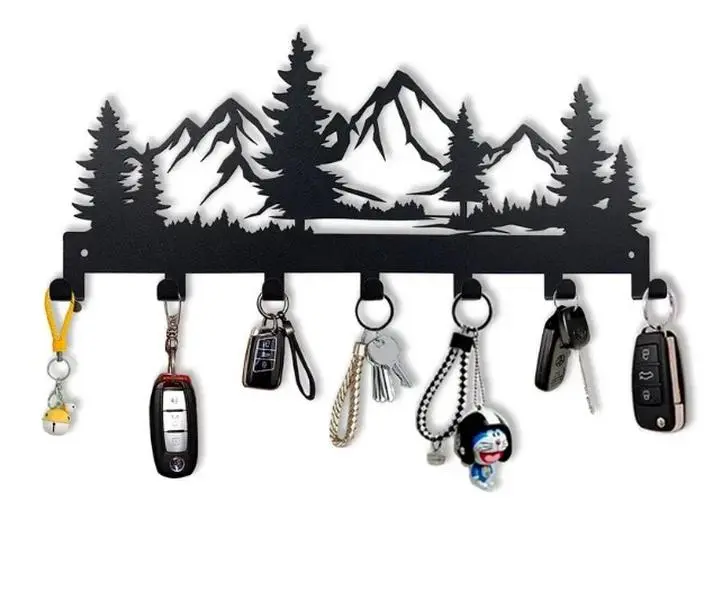Metal Key Holder, Wall Mounted Key Hooks, Key Holder for Wall, Key Organizer Rack with 7 Hooks, Key Hanger Decor for Kitchen, Entryway, Hallway, Bedroom, Doorway (Mountain 12IN)