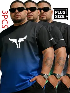 3-Pack Men's Plus Size Gradient Classic T-Shirts, 1xl-6xl Bull Print Streetwear Short Sleeve Crew Neck Casual T-Shirts, Summer Quick-Dry Tops for Tall Figures