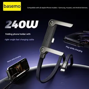 Basemo 240W Super Fast Charging Cable with Stand 2-in-1 Fast Charging Cord & Phone Stand for Gaming Office Car Travel Compatible with iPhone Samsung Type-C Devices Black