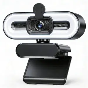 2K Pro Webcam with Microphone, Ring Light & Privacy Cover - Web Camera for Streaming, Work and Home, USB Webcam for PC Laptop Desktop Computer Plug & Play Adjustable Brightness