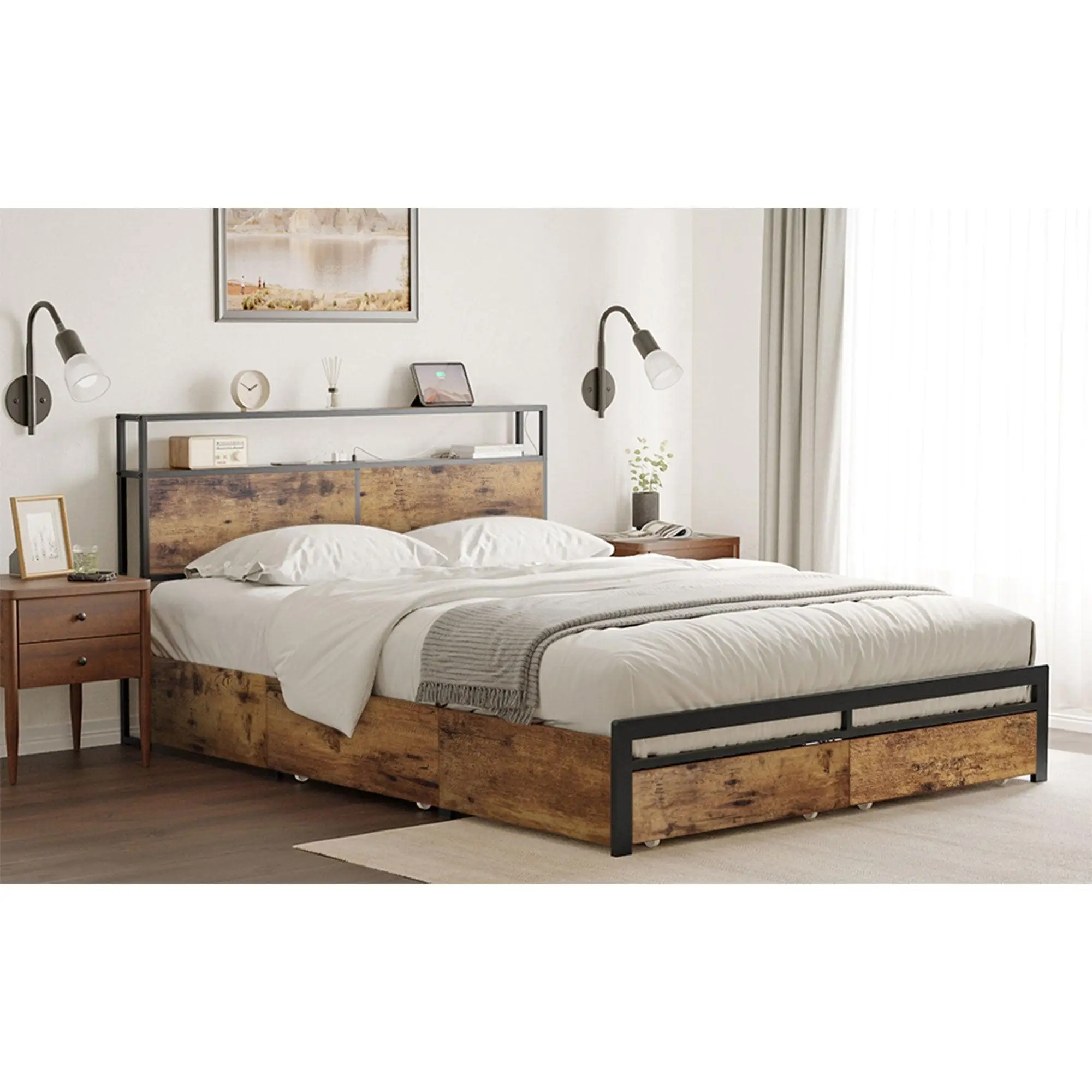 HAUSOURCE Platform Bed Frame w/ Headboard, Drawers & Outlets, Rustic Brown