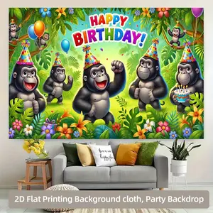 2D Flat, 1pc Gorilla Birthday Party Backdrop - Vibrant Polyester Photography Background with "Happy Birthday!" Text, Colorful Balloons & Festive Decorations, Perfect for Indoor/Outdoor Celebrations, Home, Garden, or Photo Booth Props, No Power Needed,