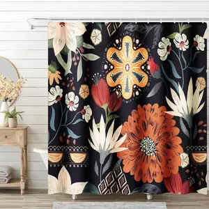 Boho Floral Shower Curtain for Bathroom, Abstract Vintage Colorful Bohemian Flowers Tropical Leaves Waterproo Fabric Shower Curtains, Mid Century Modern Bath Curtain with 12 Hooks, 71" Wx71" L
