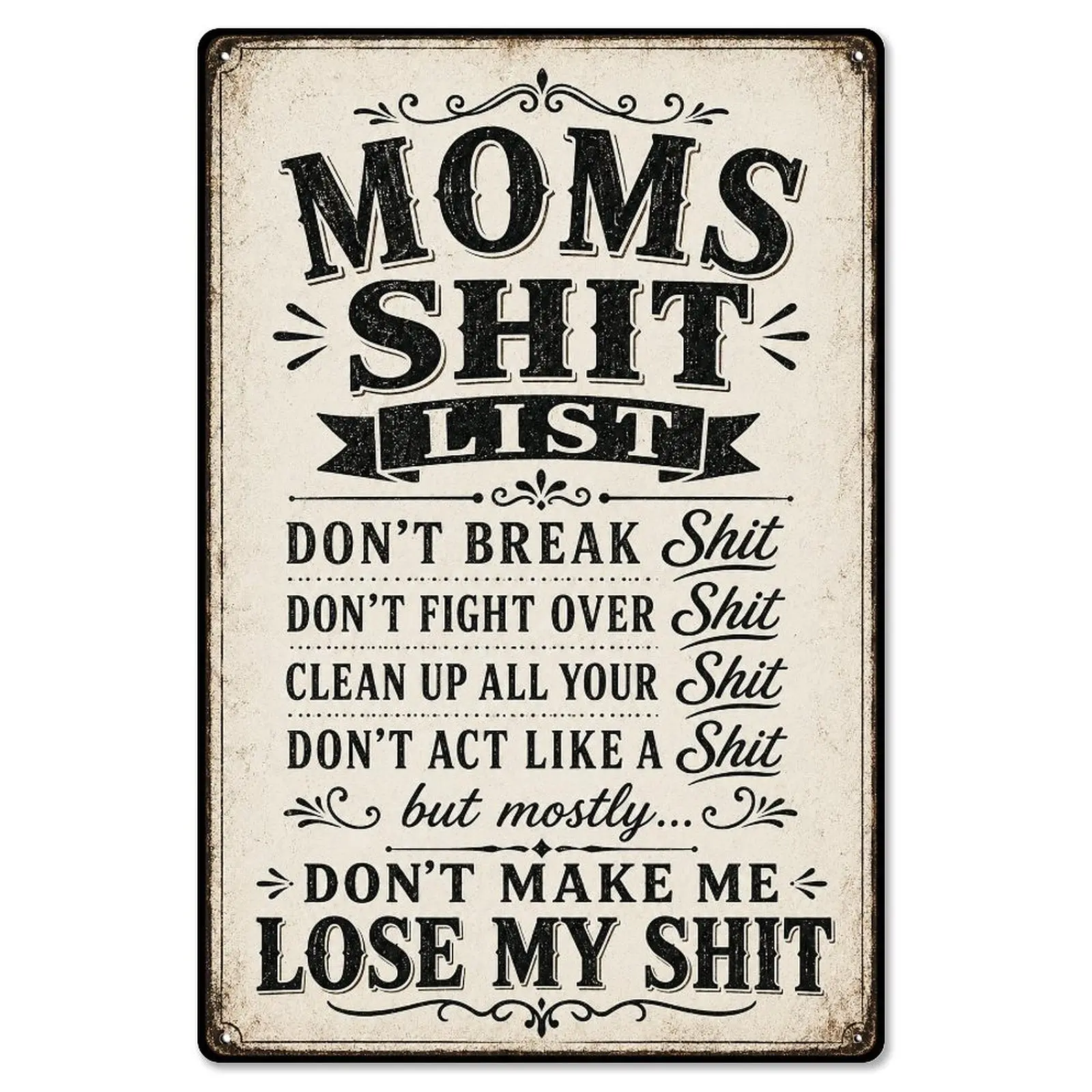 Funny Mom Rules Rectangular Vintage Tin Sign - 8x12 in Aluminum Home Supplies with Bold Humor & Round Tips, Country Rustic Wall Decor Plaque for Laundry Room, Kitchen
