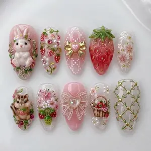 Pink Strawberry Garden Press On Nails 3D Bunny Chipmunk Floral Art Rabbit Charm Sweet Flower