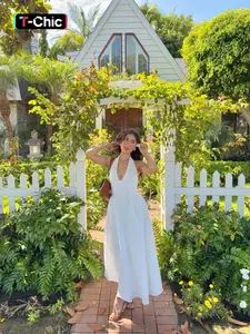 Elegant Plain Minimalist V-Neck Sleeveless Dress, Fitted Holiday Style, Long Hanging Neck Design, Perfect for Summer Vacation Wear