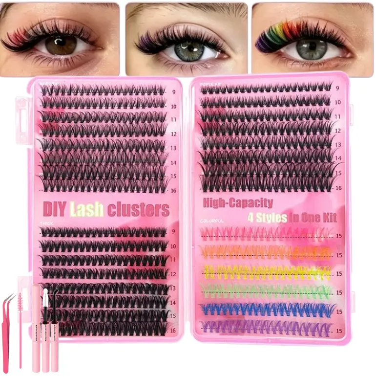 640p High-Capacity DIY Eyelash Clusters Kit - Mixed-Length Black Wispy, Rainbow Individual Lash Extensions, 4 Styles All-In-1 Tray, Cosmetic for Daily/Festive Use, Natural/Dense Mink False Lashes for Girls, Eyelashes Extensions, Easy Diy Setup, Long-Lasti