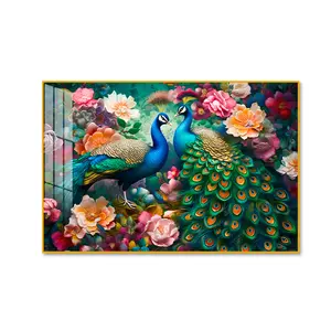 Luxury Crystal Percaline Peacock Wall Art with Rose Gold Metal Frame | Elegant Floral Peacock Painting for Living Room, Bedroom & Office Decor 24x36 inches