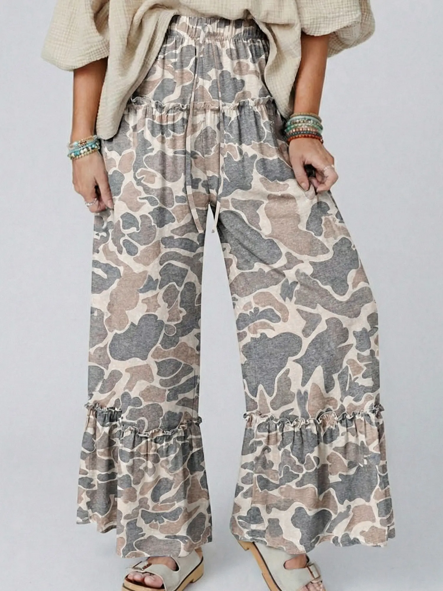 Women's Multicolour Camo Leopard Print Wide Leg Pants - Casual Tiered Drawstring Boho Trousers