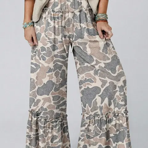 Women's Multicolour Camo Leopard Print Wide Leg Pants - Casual Tiered Drawstring Boho Trousers
