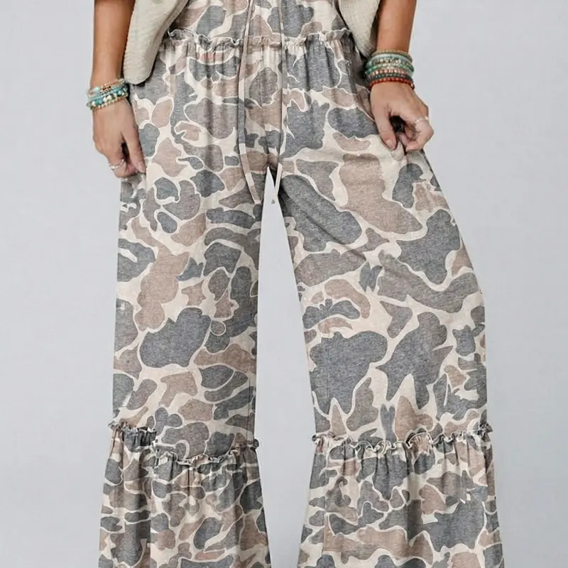 Women's Multicolour Camo Leopard Print Wide Leg Pants - Casual Tiered Drawstring Boho Trousers