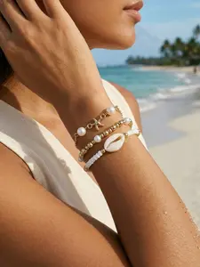 Pearl Shell Jewelry Bohemian Beaded Layered Bracelet, Beach Vacation Seashell Starfish Bracelet, Stylish Hand Accessories