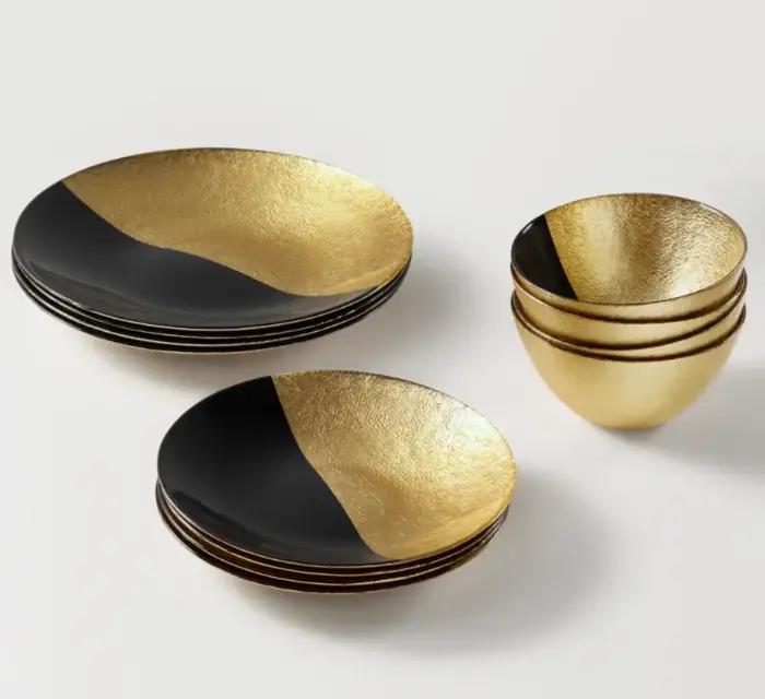 Z Gallerie Gemini 4-Piece Gold-Tone Dinnerware Service Set - Black and Gold Tableware Kit with Cutlery, Glass, and Bowls, Gold-Tone Dinner Sets Z Gallerie Gemini 4-Piece Gold-Tone Dinnerware Service Set - Black and Gold Tableware Kit with Cutlery, Glass, and Bowls, Gold-Tone Dinner Sets
