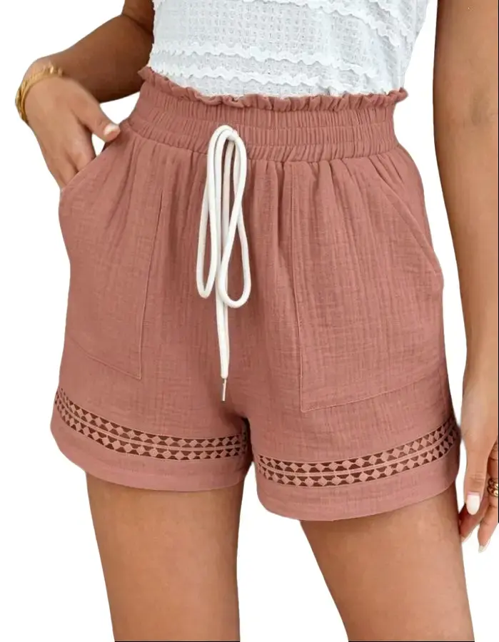 Women's Retro Style Paper Bag High Waist Mini Khaki Shorts - Cotton Woven Comfy Fabric, Elastic Adjustable Drawstring, Loose Fit, Knot Detail, Casual Spring Summer Outdoor Wear, Loose Shorts, Casual Fit, Dry Clean, Loose-Fitting