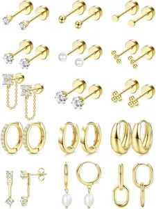 15 Pairs Flat Back Earrings for Women Hypoallergenic Surgical Steel Earrings for Sensitive Ears-20G Cartilage Earring Stacks 14K Gold Plated Hoops Flatback Stud Earring Sets for Multiple Piercing Earring Stacking Set