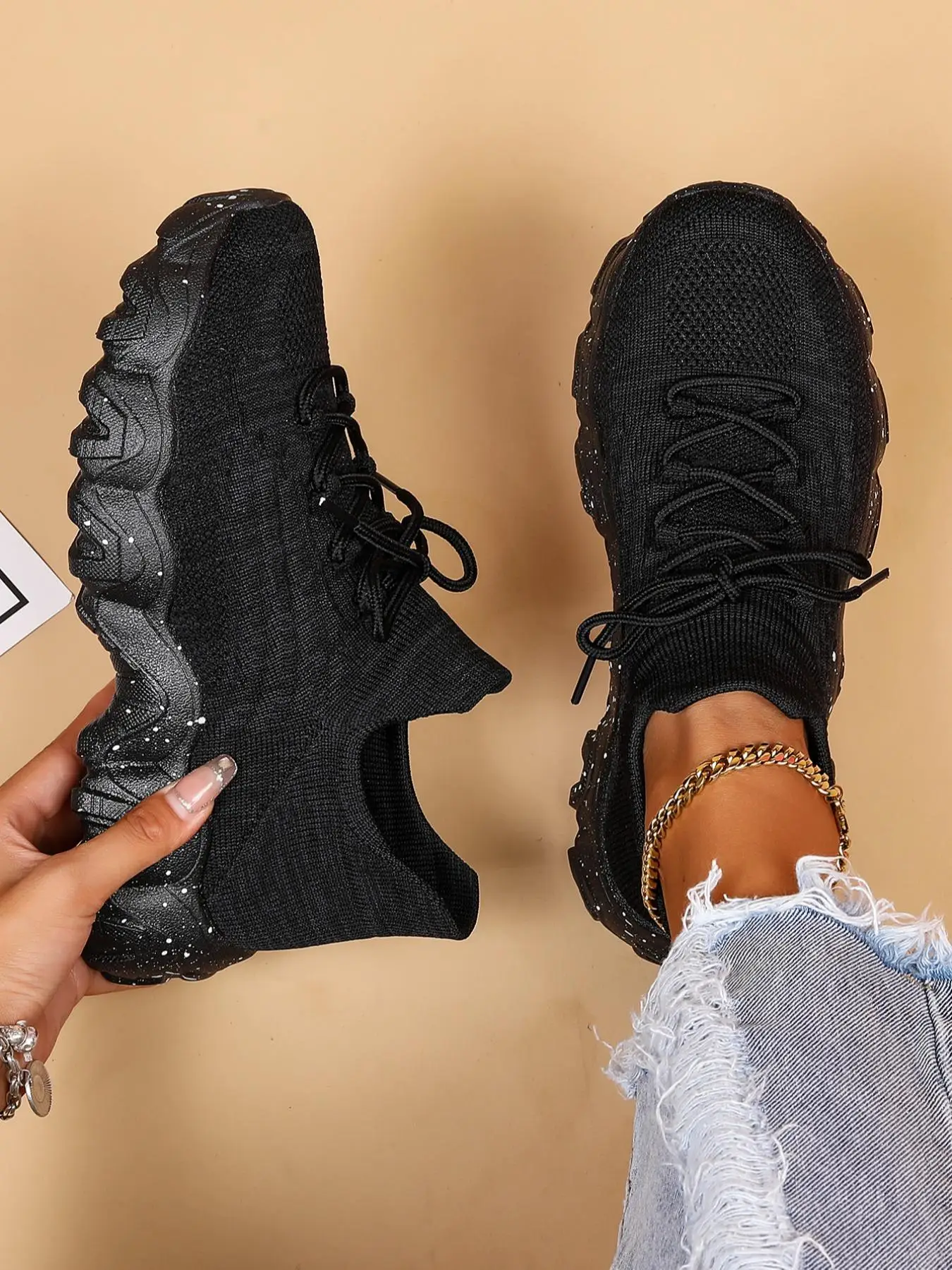 Trainers for Women, Summer Lace-up Front Low Top Sock Sneakers, Casual Comfortable Splash Ink Sole Trainers, Knit Breathable Sports Running Back To Sc