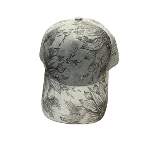Sunflower Grey Trucker Hat with Burnt Flower Design Adjustable Band One Size Fits Most Unique Custom Creation Dome Mesh Cap