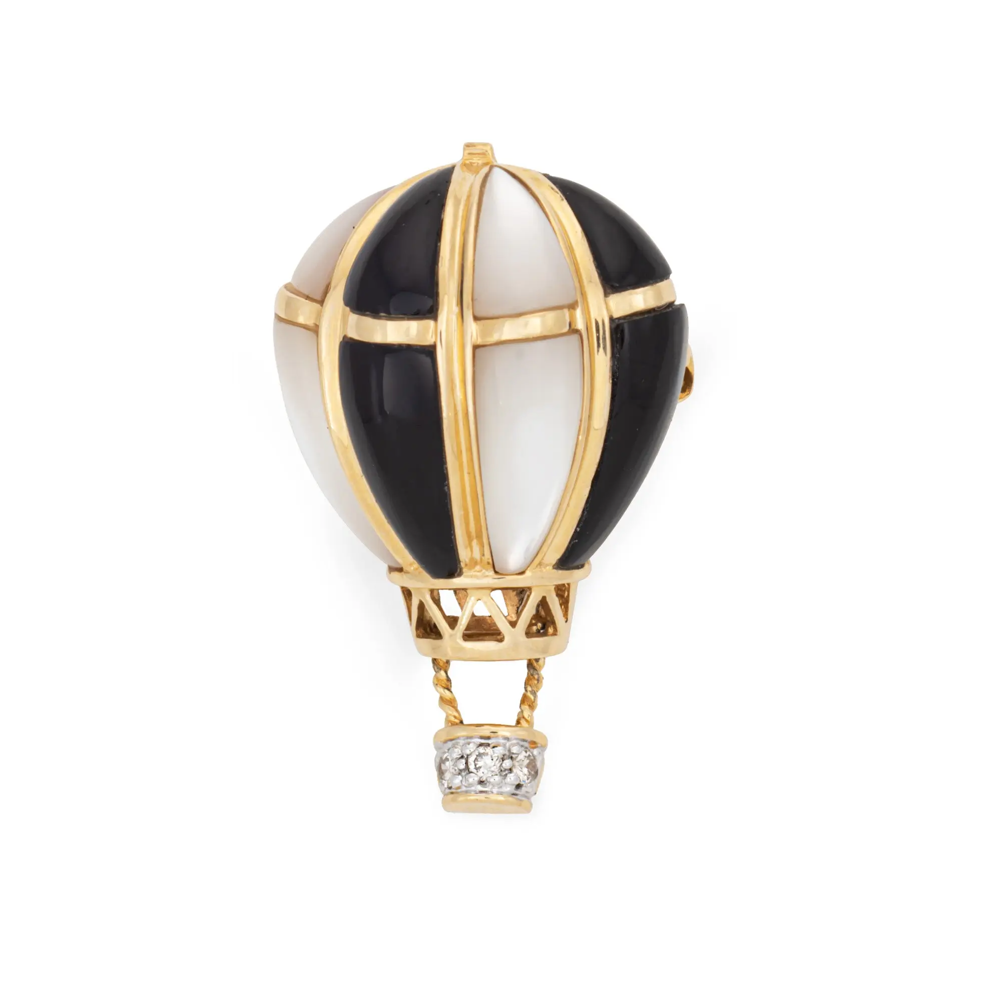 Hot Air Ballon Pendant Vintage Diamond MOP Onyx 14k Yellow Gold Brooch Jewelry