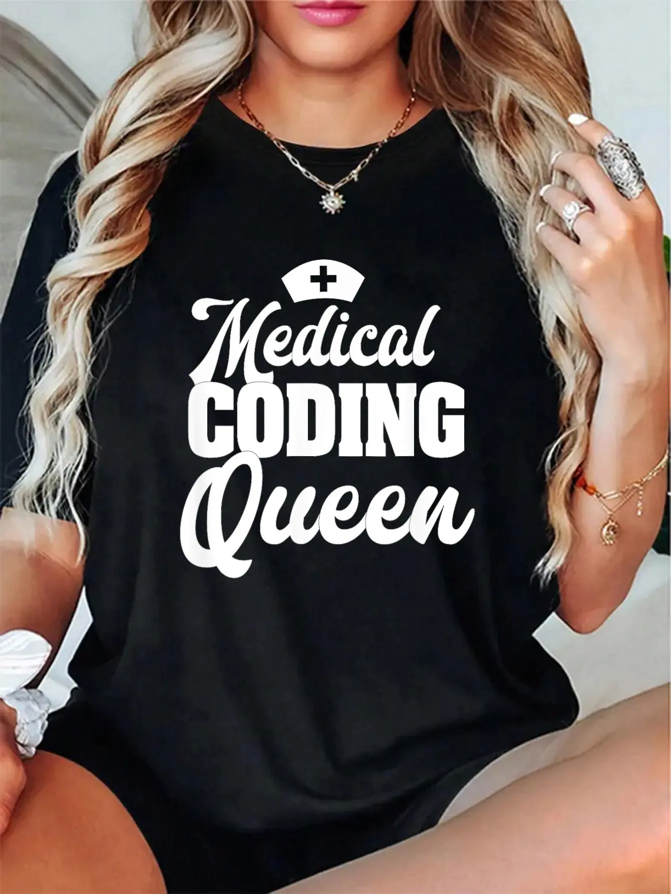 Women's Soft Love Medical Coding Queen Graphic T-Shirt, 100% Cotton Casual Round Neck Unisex Short Sleeve Top - Coder Gift, Comfortable Fabric Tee, Cute, Tshirt