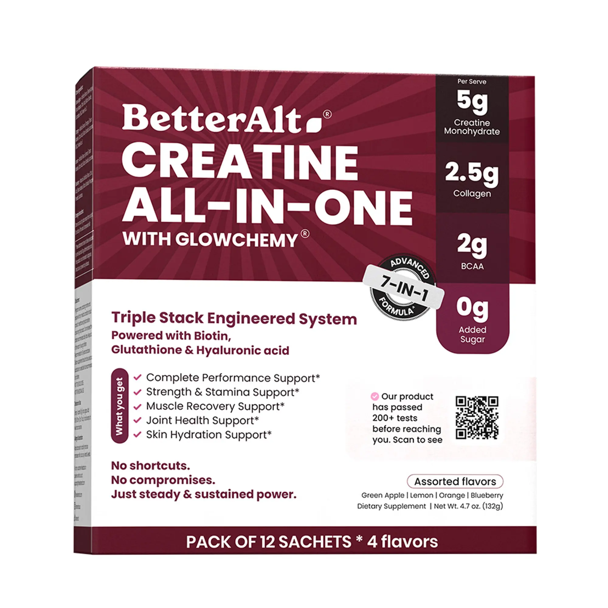 BetterAlt Creatine All-in-One with Glowchemy | Lab-Tested | Helps Support Strength, Recovery & Skin Health | 7-in-1 Formula | Assorted Pack | 12 Servings