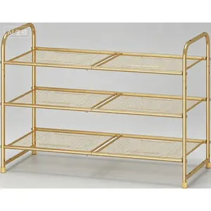 Expandable Adjustable 3-Tier Shoe Rack, Metal Mesh Storage Organizer Shelf, Stackable Space Saving Design, Gold Finish for Entryway Closet