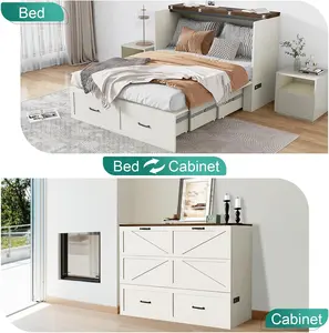 Full/Queen Size Murphy Chest Bed with Drawer and Charging Station, Farmhouse Wood Space-Saving Hidden Folding Beds Chest, Multifunctional Storage Cabinet Bed for Bedroom, Office, Rustic White