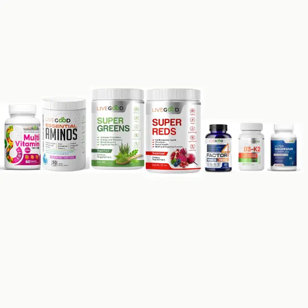 LIVEGOOD 8-in-1 Ultimate Organic Vegan Supplement Stack - Vegetarian Multi-Mineral Vitamins, Supergreens, Reds, Coffee, Amino Capsules, Anti-Aging Support, Gut Support, Focus Boost, Third-Party Tested for Brain Health, Natural Energy