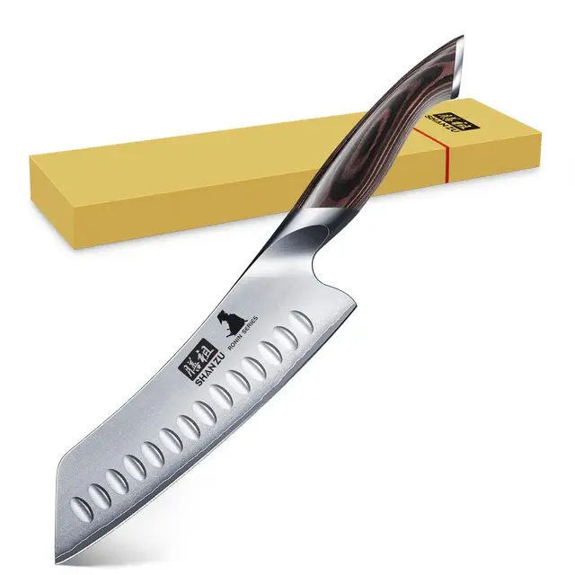 SHAN ZU 7-inch Japanese Kitchen Knife, ultra-sharp high-carbon stainless steel kitchen knife, professional Santoku knife, with an ergonomic Paka wood handle.