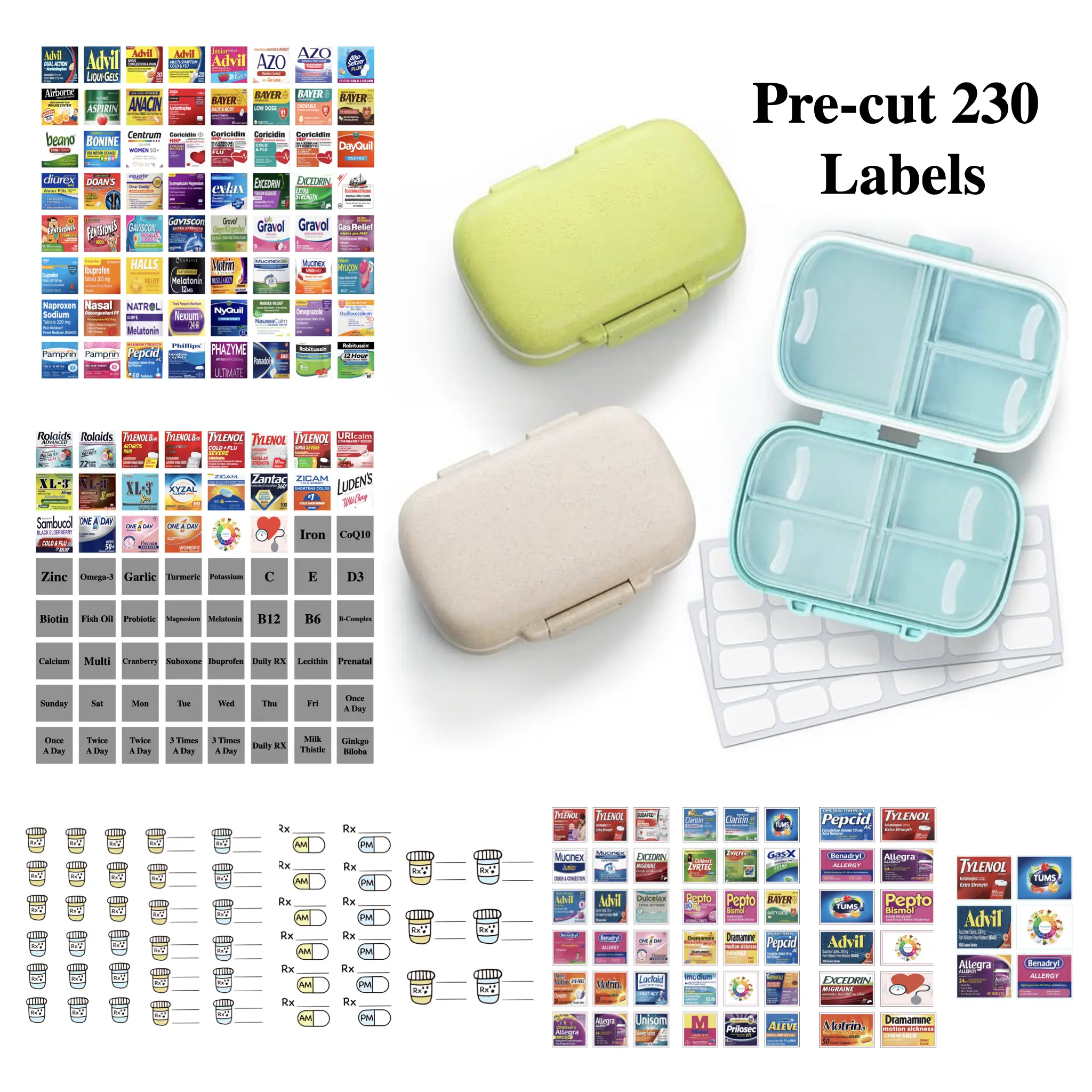 230 Pre-Cut Pill Stickers with Mini Case, Storage Box, Vitamin Organizer, Travel Pill Case