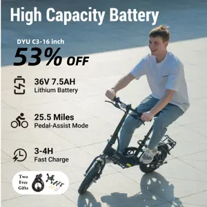 DYU 16-inch Adult Folding E-Bike, 36V 7.5Ah High Energy Battery, 30+ Miles Range, LED Display, Front & Rear Disc Brake, Carries 2-Persons