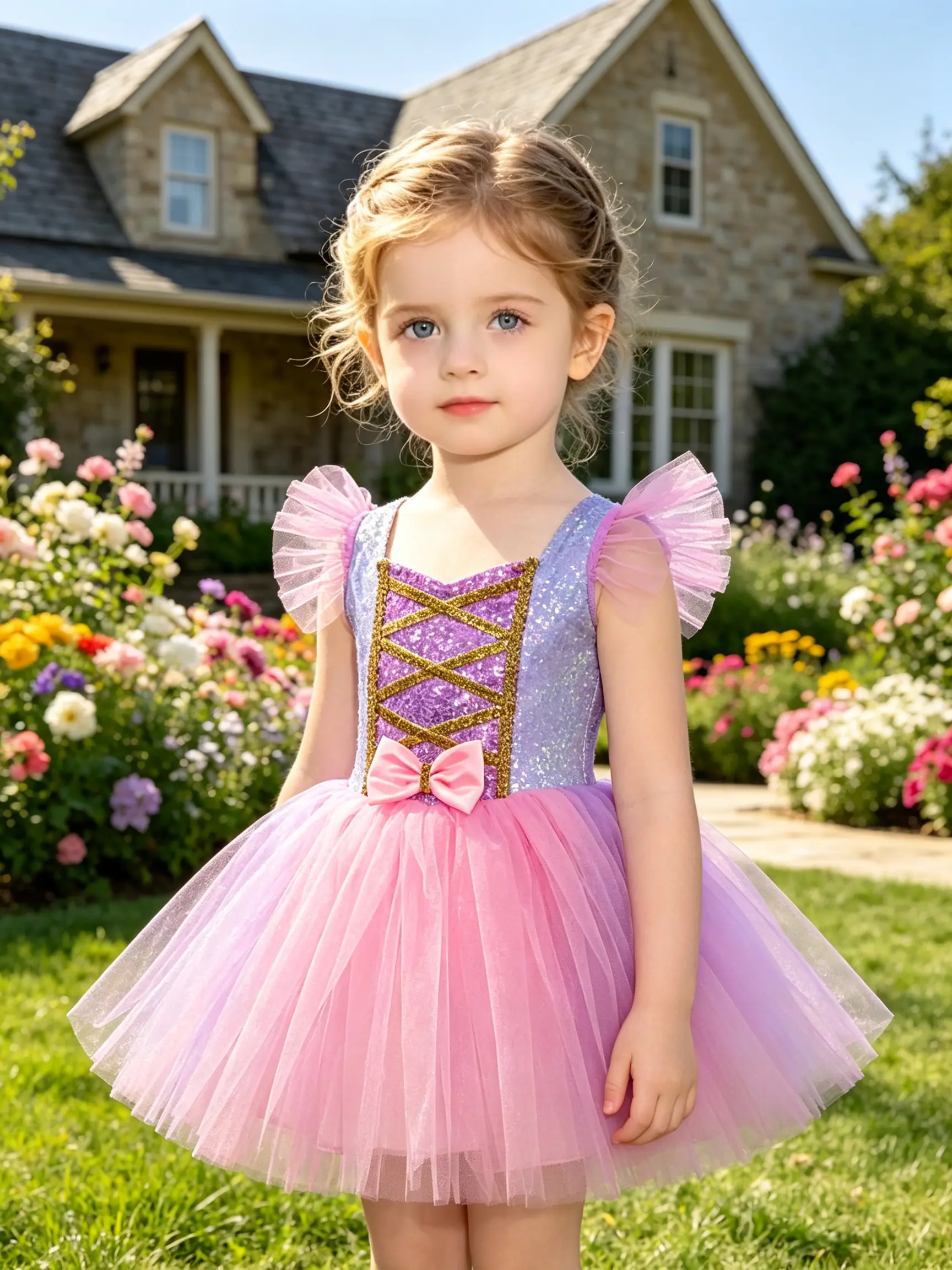 Little Girls Purple Pink Sparkle Princess Dress, Bubble Ruffle Cap Sleeves, Gold Lace-Up Sequined Top with Front Pink Bow, Flowy Ombre Mesh Tutu Skirt for Kid Party & Daily Dress Up