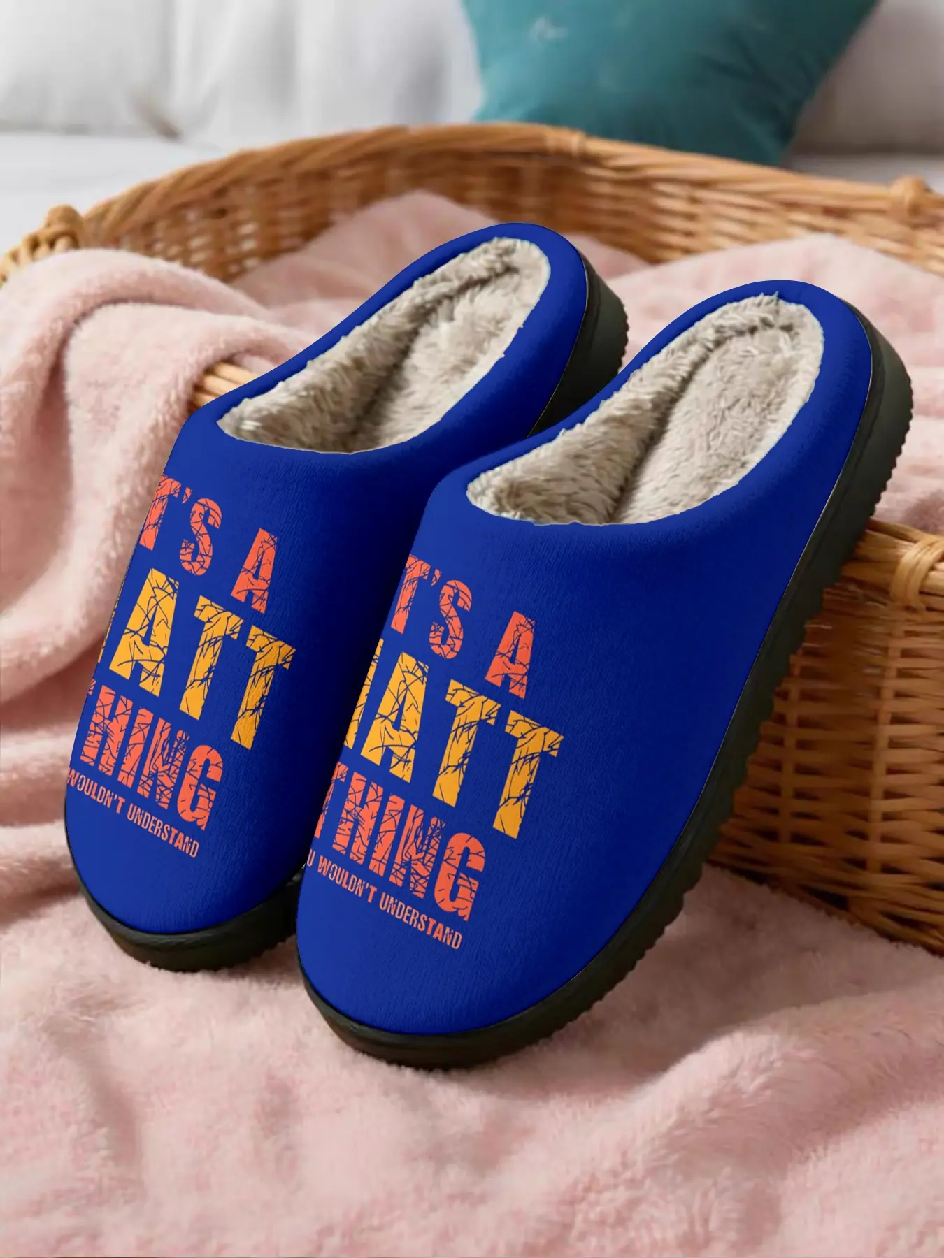 ✨ATT Slogan Fuzzy Slippers 1 Pair Personalized Cool Slogan Style, Plush Warm + Non-slip Thick Sole + Comfortable Fuzzy Lining, Perfect for Personalized Cool Enthusiasts & Slogan Style Lovers in Winter Home Wear🔥